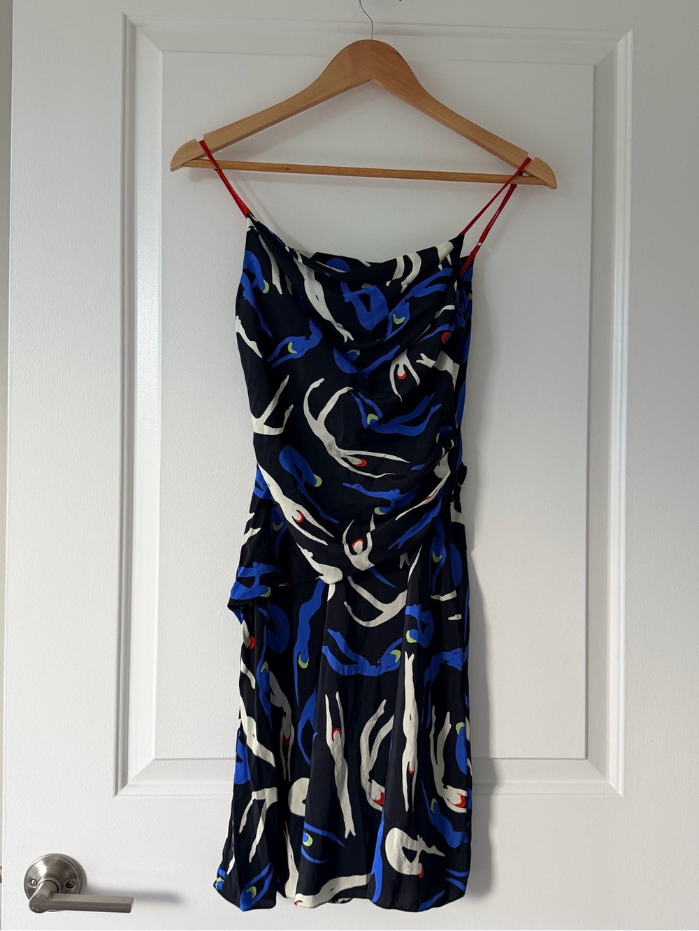 DVF Blue Abstract Print Slip Dress with Red Straps